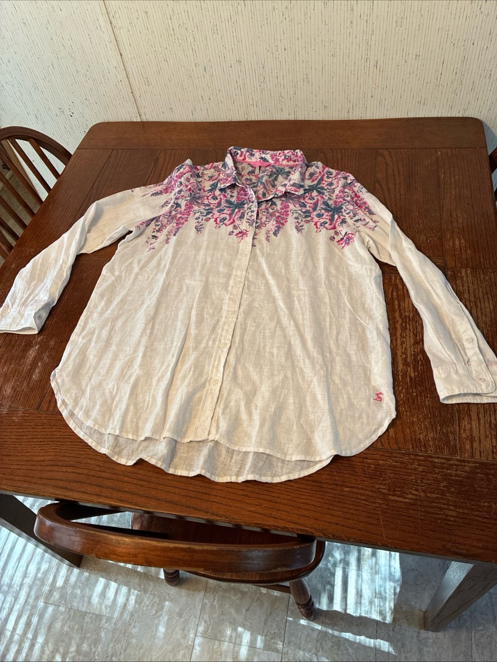 Joules 100% Linen Button Up Top Women’s 12 Long Sleeve Shirt Floral Blouse
